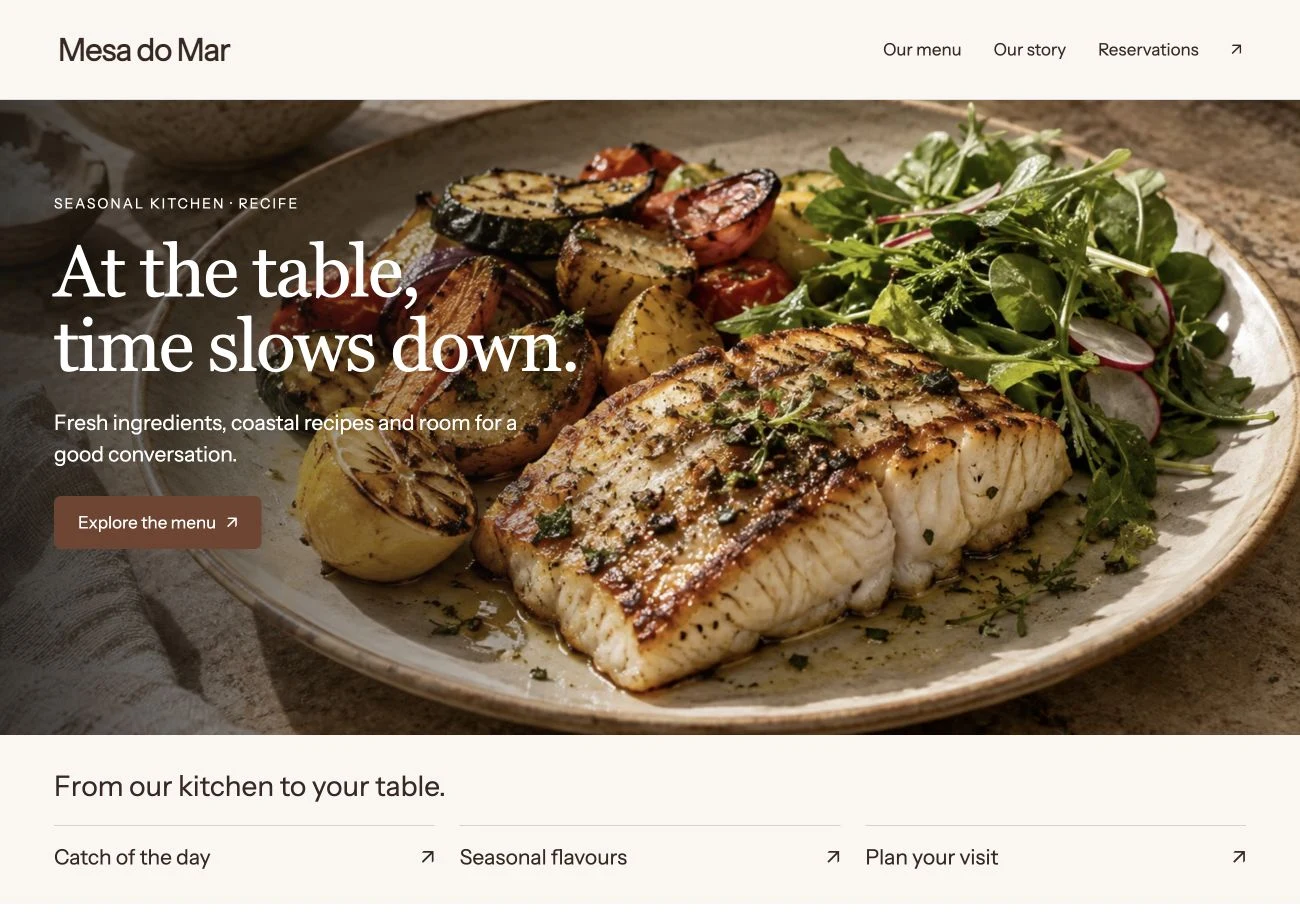 Food photography, menu and restaurant information with a clear reservation enquiry path.