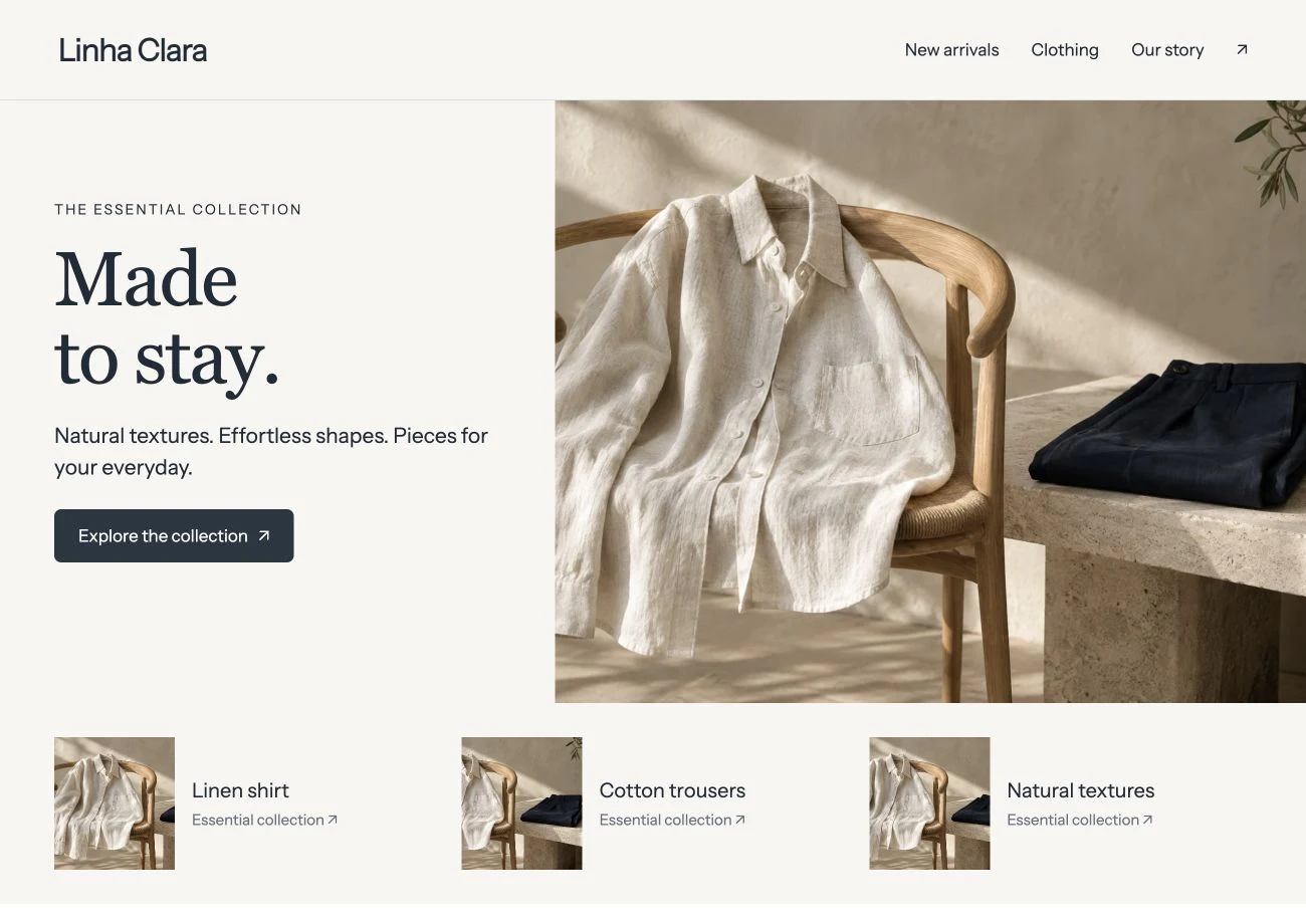 A digital storefront with a collection, products and information to help customers choose.
