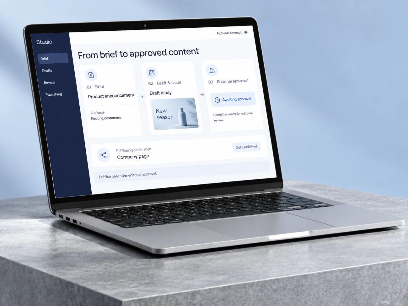 Illustrative content workspace with a brief, draft and branded asset awaiting editorial approval.