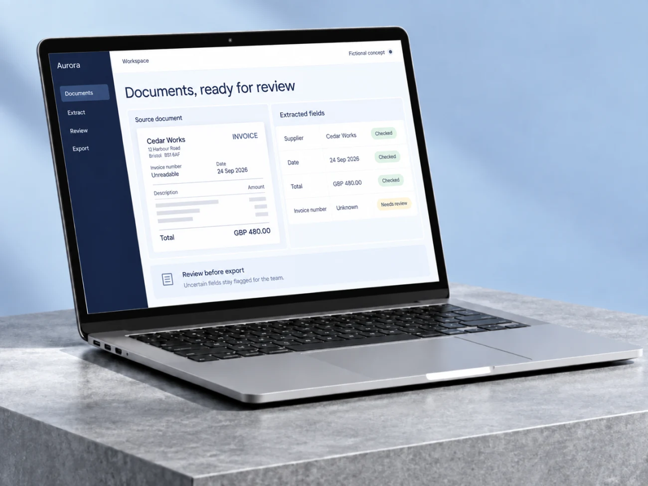Illustrative invoice workspace with source fields, checked extracted values and an unknown invoice number flagged for review.