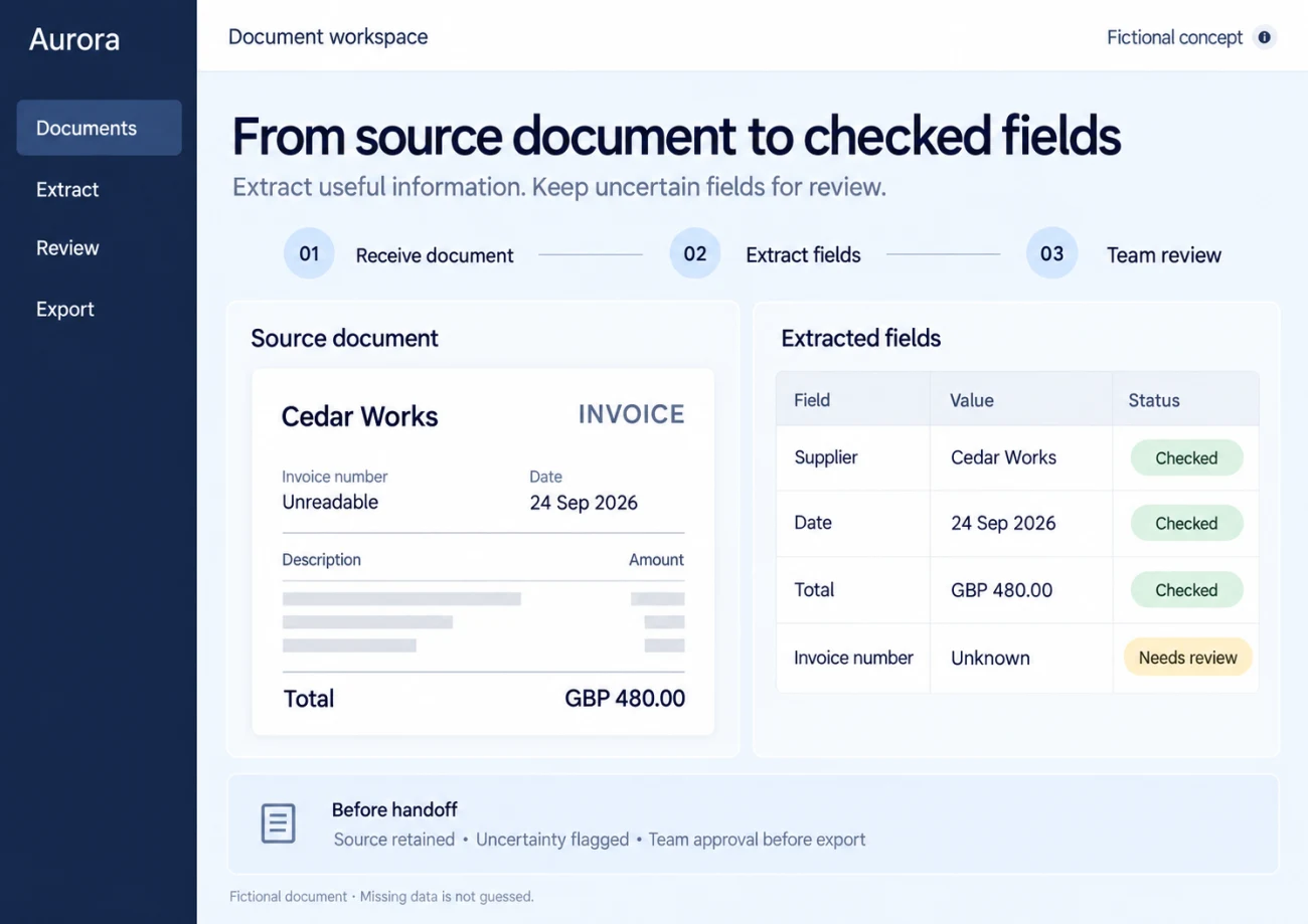 Illustrative invoice workspace with source fields, checked extracted values and an unknown invoice number flagged for review.