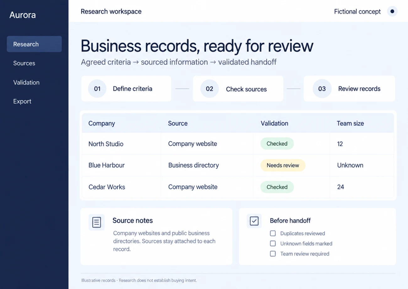 Illustrative business-research records with sources, validation status and unknown fields.